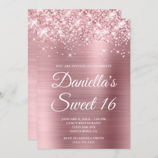 Funkelnd Glittery Light Pink Foil Sweet 16 Einladung (Vorne/Hinten)