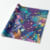 Funkelnd Glittery Lila Blue and Gold Blätter Geschenkpapier (Ungerollt)