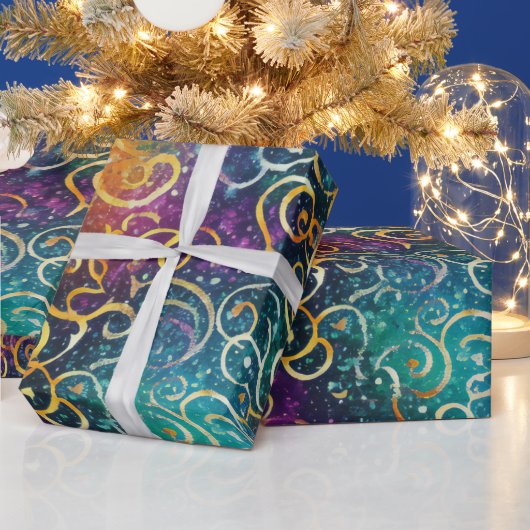 Funkelnd Glittery Lila Blue and Gold Wirbel Geschenkpapier (Feiertage)