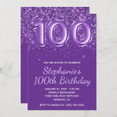 Funkelnd Glittery Royal Lila Number 100 Geburtstag Einladung (Vorne/Hinten)