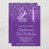 Funkelnd Glittery Royal Lila Number 21 Geburtstag Einladung (Vorne/Hinten)