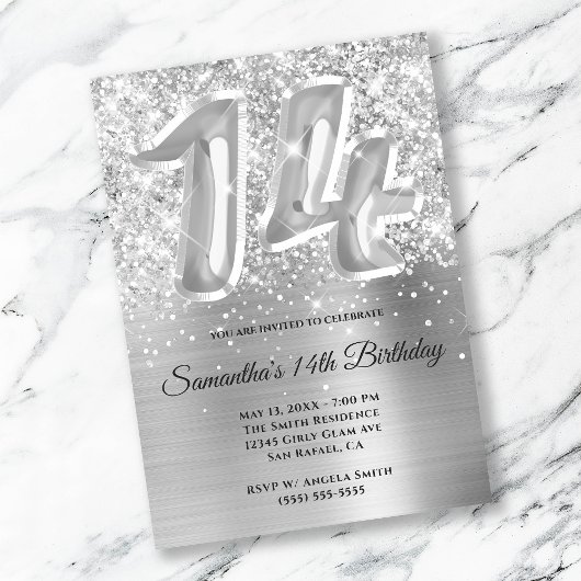 Funkelnd Glittery Silver Glam 14. Geburtstag Einladung