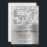 Funkelnd Glittery Silver Glam 50. Geburtstag Einladung<br><div class="desc">Erstellen Sie Ihre eigenen Imitate Silber Glitzer und Folie 50. Geburtstag Einladung für Ihren besten Freund. Im Hintergrund befindet sich eine gürtelförmige, silbergraue Ober-Folie mit digitaler Kunstgrafik und einem Imitat-Ballon Art #50. Passen Sie die einladenden Schriftart-Farben oder -Stile an. Die Ballons der Imitate-Folienzahl überlagern sich in schwimmender Weise. Die Größe...</div>