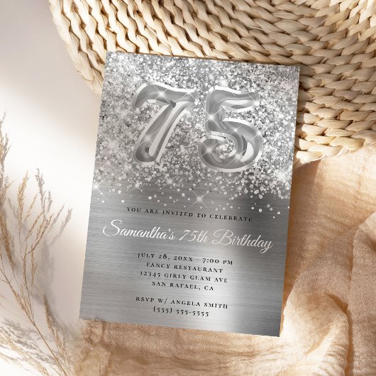 Funkelnd Glittery Silver Glam 75. Geburtstag Einladung