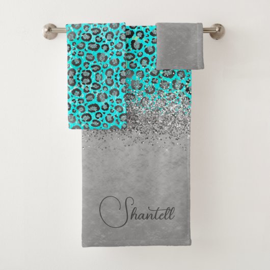 Funkelnd Glittery Silver Leopard Personalisiert Badhandtuch Set (Insitu)