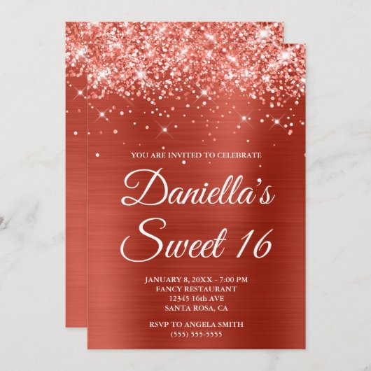 Funkelnd Glittery Soft Red Foil Sweet 16 Einladung (Vorne/Hinten)