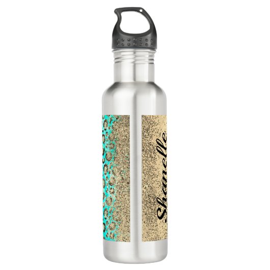 Funkelnd Glittery Türkis Leopard Edelstahlflasche (Rückseite)
