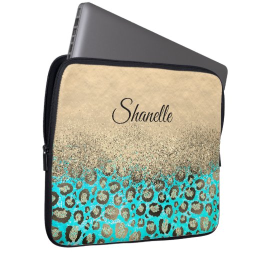 Funkelnd Glittery Türkis Leopard Laptopschutzhülle (Vorne Rechts)