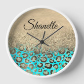 Funkelnd Glittery Türkis Leopard Personalisiert Uhr (Vorderseite)