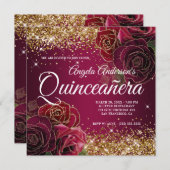 Funkelnd Glitzer Burgund Rote Rose Quinceañera Einladung (Vorne/Hinten)