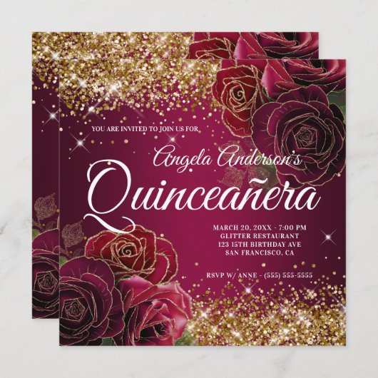Funkelnd Glitzer Burgund Rote Rose Quinceañera Einladung (Vorne/Hinten)