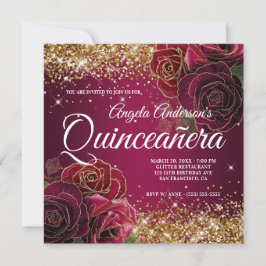 Funkelnd Glitzer Burgund Rote Rose Quinceañera Einladung