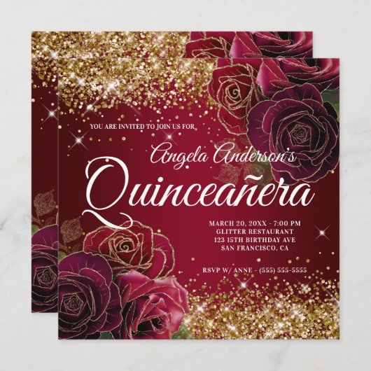 Funkelnd Glitzer Dunkle Rote Rose Quinceañera Einladung (Vorne/Hinten)