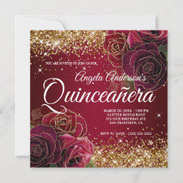 Funkelnd Glitzer Dunkle Rote Rose Quinceañera Einladung