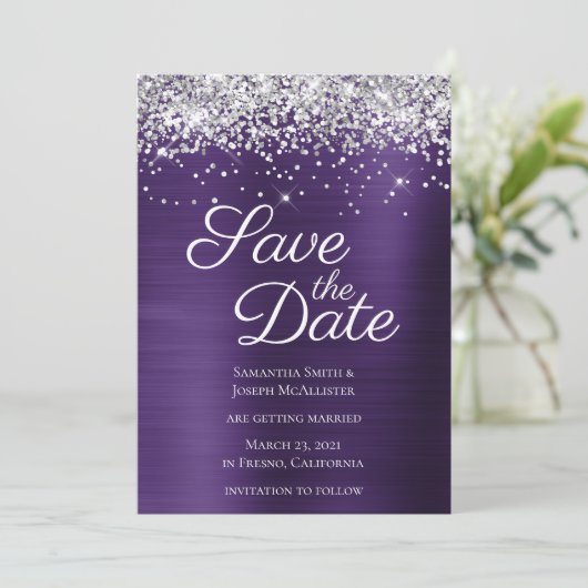 Funkelnd Glitzer Dunkle Violet Ombre Foil Save The Date (Stehend Vorderseite)