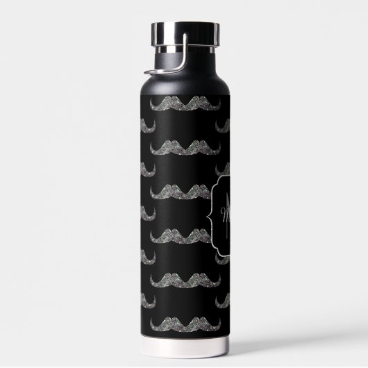 Funkelnd Glitzer Mustache Black Monogram Trinkflasche (Rechts)