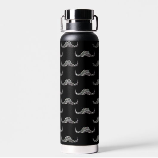 Funkelnd Glitzer Mustache Black Monogram Trinkflasche (Rückseite)