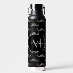 Funkelnd Glitzer Mustache Black Monogram Trinkflasche