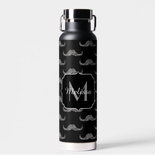 Funkelnd Glitzer Mustache Black Monogram Trinkflasche (Vorne)