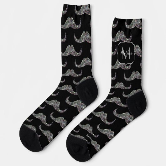Funkelnd Glitzer Mustache-Muster Monogram Socken (Linkes Detail)