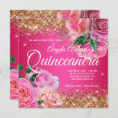 Funkelnd Glitzer Rosa Glam Quinceañera Einladung (Vorne/Hinten)