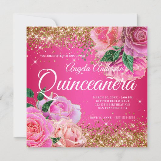 Funkelnd Glitzer Rosa Glam Quinceañera Einladung (Vorderseite)