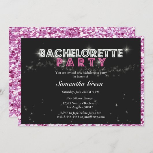 Funkelnd Glitzer Rosa Junggeselinnen-Abschied Einl Einladung (Vorne/Hinten)