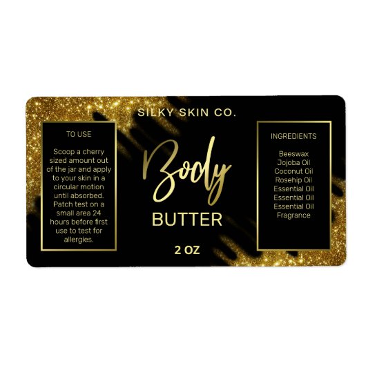 Funkelnd Glitzer Schwarz-Gold-Body-Butter-Etikette (Vorne)
