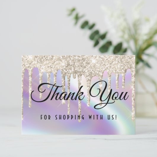 Funkelnd Glitzer Tropfen Imitate Holografisches Pe Dankeskarte (Stehend Vorderseite)