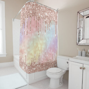 Funkelnd Glitzer Tropfen Rosa Rose Gold Holografie Duschvorhang