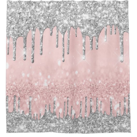 Funkelnd Glitzer Tropfen Rosa Silbergraue Girly Duschvorhang (Vorderseite)