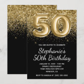 Funkelnd Gold Glitzer Black Balloon 50. Geburtstag Einladung (Vorne/Hinten)