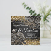 Funkelnd Gold Glitzer Black Rose Glam 40 & Fabulou Einladung (Stehend Vorderseite)