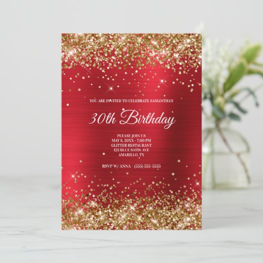 Funkelnd Gold Glitzer Bright Red Satin Foil Einladung (Stehend Vorderseite)