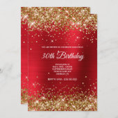 Funkelnd Gold Glitzer Bright Red Satin Foil Einladung (Vorne/Hinten)
