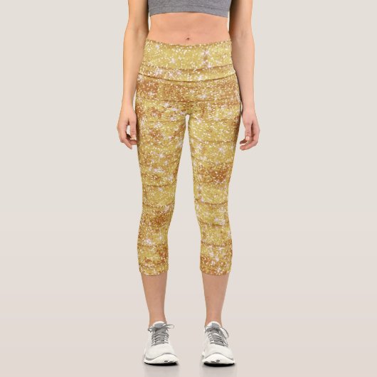 Funkelnd Gold Glitzer Chic Textur Muster Capri Leggings (Vorderseite)
