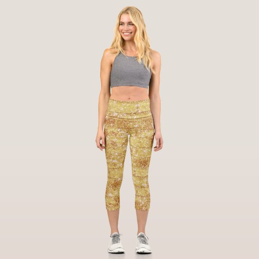 Funkelnd Gold Glitzer Chic Textur Muster Capri Leggings (Vorderseite)