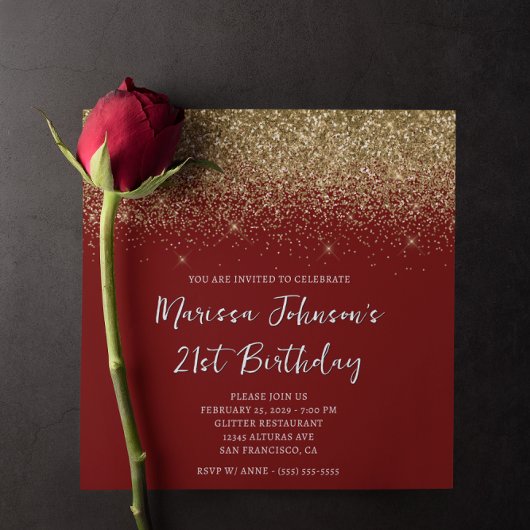 Funkelnd Gold Glitzer Deep Red 21. Geburtstag Einladung