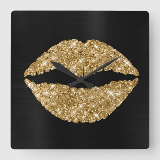 Funkelnd Gold Glitzer Lipstick Schwarz Foil Quadratische Wanduhr (Vorderseite)