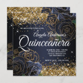 Funkelnd Gold Glitzer Navy Blue Rosen Quinceañera Einladung (Vorne/Hinten)