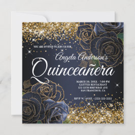 Funkelnd Gold Glitzer Navy Blue Rosen Quinceañera Einladung
