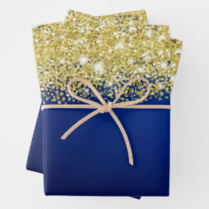 Funkelnd Gold Glitzer Royal Navy Blue Ombre Imitat Geschenkpapier Set