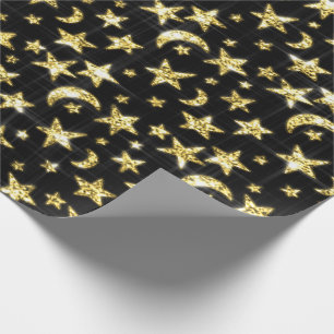 Funkelnd Gold Stars Moon Black Sky Black Geschenkpapier