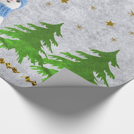 Funkelnd Goldsterne, Schneemann und Grünbäume Geschenkpapier (Ecke)