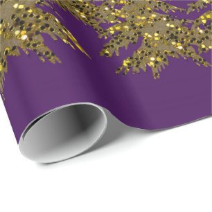 Funkelnd Goldweihnachtsbaum, Mond, Sterne auf Lila Geschenkpapier