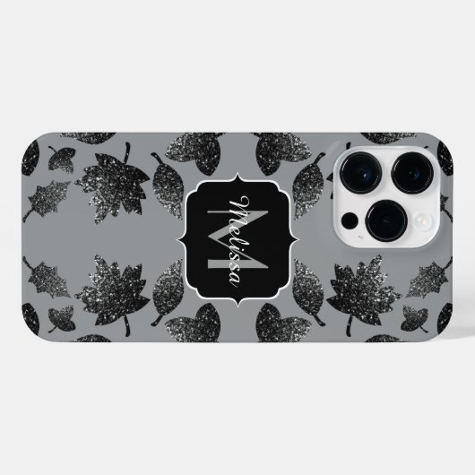 Funkelnd graue Blätter Herbstmuster Monogramm iPhone Hülle (Rückseite (Horizontal))