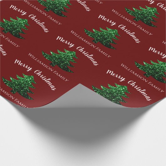 Funkelnd grüner Weihnachtsbaum dunkelrot Persönlic Geschenkpapier (Ecke)