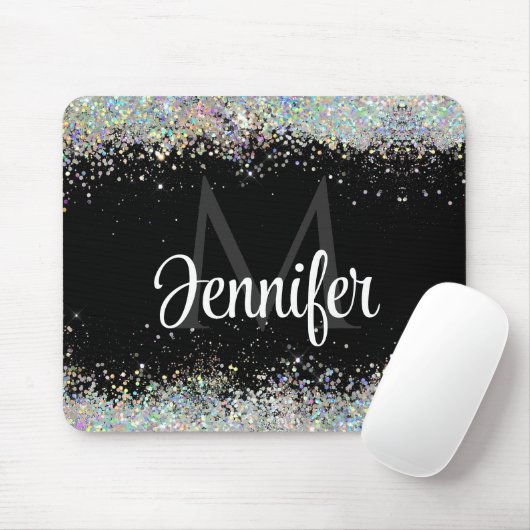 Funkelnd Holographic Gold Glitzer Monogram Black Mousepad (Mit Mouse)