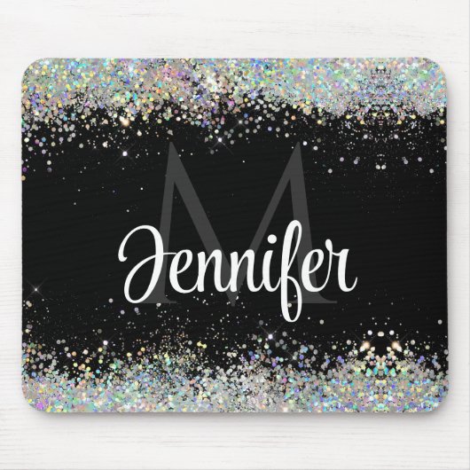 Funkelnd Holographic Gold Glitzer Monogram Black Mousepad (Vorne)