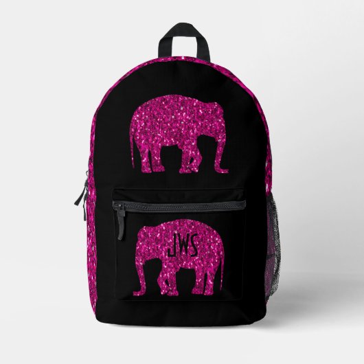 Funkelnd Hot-Rosa Elephant Custom Monogram Black Bedruckter Rucksack (Vorderseite)